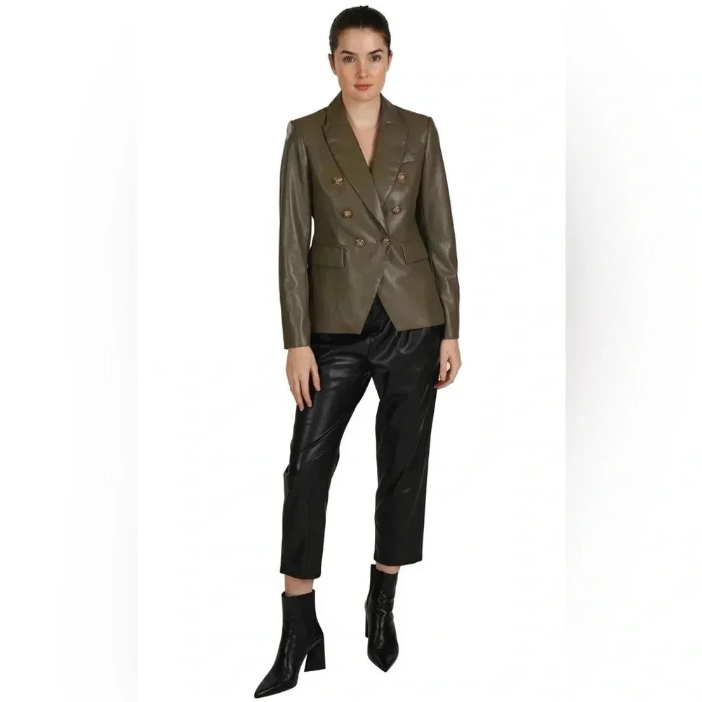 LOVE TOKEN Nellie vegan leather double breasted chocolate brown blazer sz L